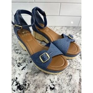 NEW SIZE 10M Vince Camuto Adjustable Wedge Sandals Meterry Denim JUTE ROPE SIDES